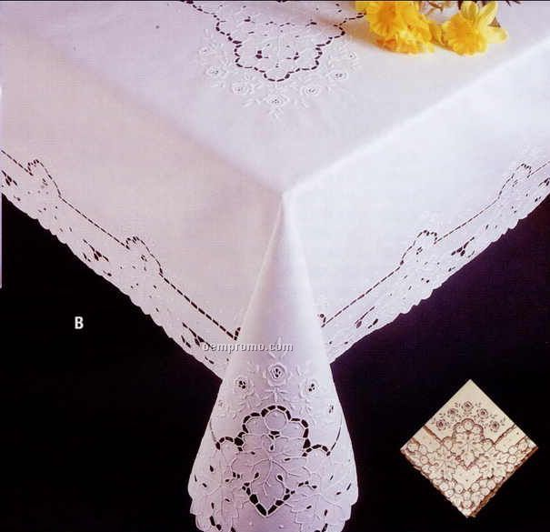 Embroidered Pure Linen 72"X108" Tablecloth & 12 Napkins W/Madeira Cutwork
