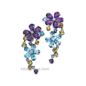 14kw Genuine Multi-color Gemstone And .07 Ct Tw Diamond Flower Earrings
