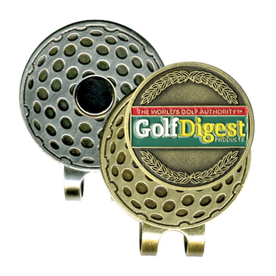 Die Struck Golf Ball Hat Clip W/ Marker (Antique Brass/Nickel)