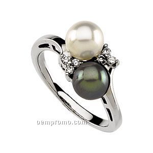 14kw 6-1/2mm White/Black Cultured Pearl & .08 Ct Tw Diamond Round Ring