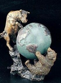 Bronze Bull & Bear Fight W/ Globe Sculpture