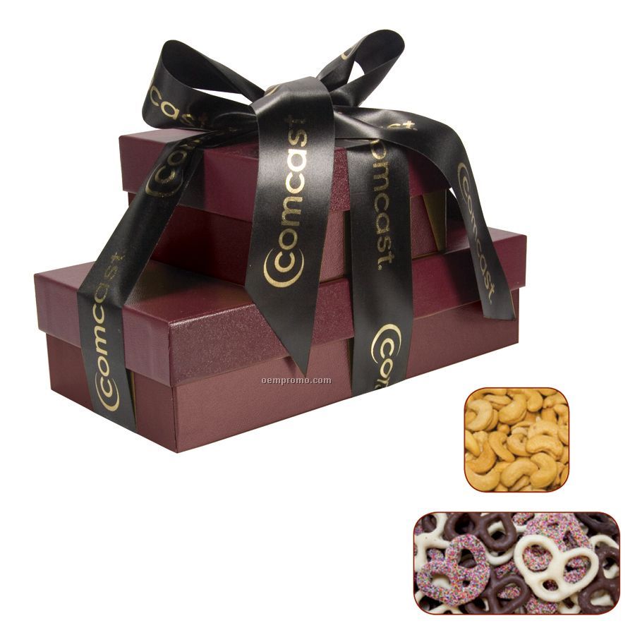 The Cosmopolitan Burgundy Red Gift Tower With Chocolate Pretzels & Cashews
