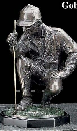 Bronzed Metal Golfer Measuring Sculpture On Wood Base