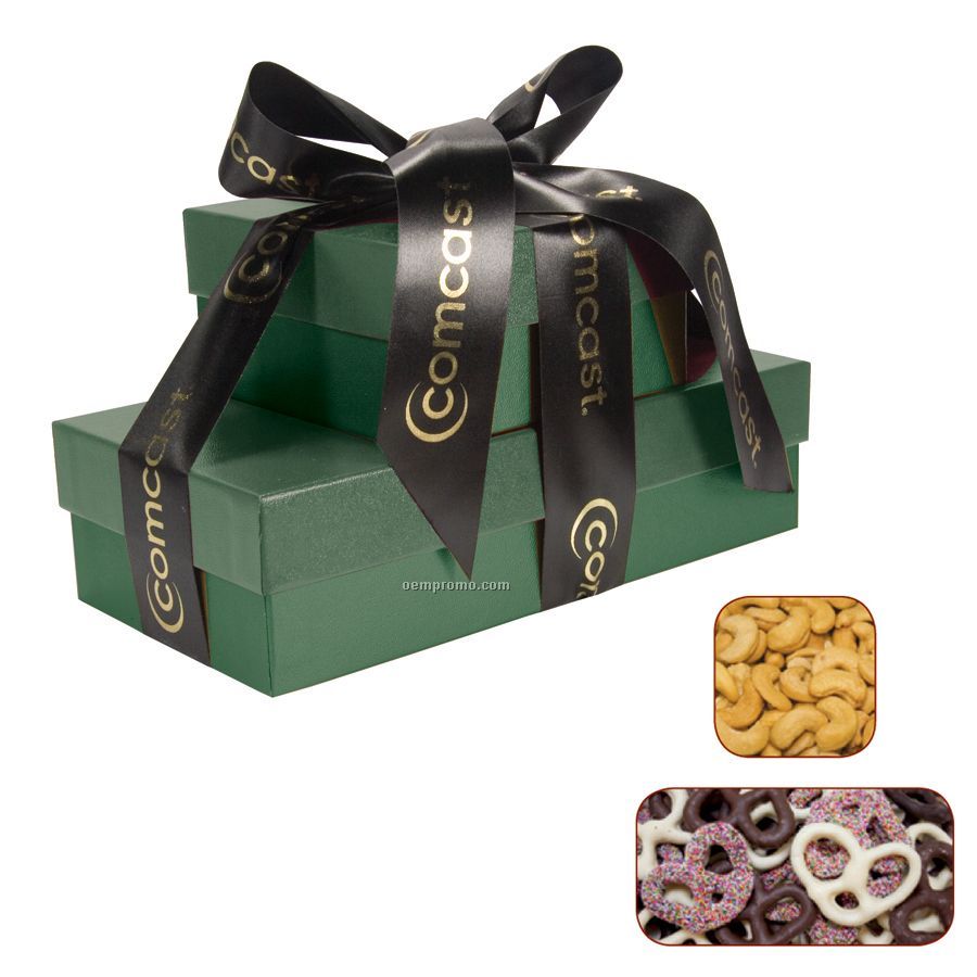 The Cosmopolitan Green Gift Tower With Chocolate Pretzels & Cashews