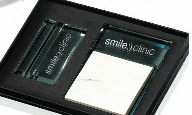 Glass Gift Set W/ Business Card Holder & Message Pad Holder