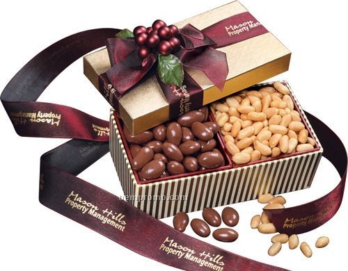Gold Striped Gift Box W/ Milk Chocolate Almonds & Choice Virginia Peanuts