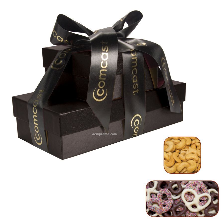 The Cosmopolitan Black Gift Tower With Chocolate Pretzels & Cashews