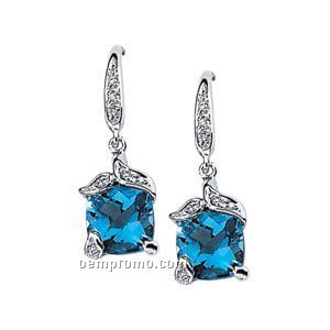 14kw Genuine Swiss Blue Topaz And .06 Ct Tw Diamond Earrings