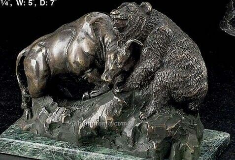 Bronze Bull & Bear Fight Sculpture On Marble Base