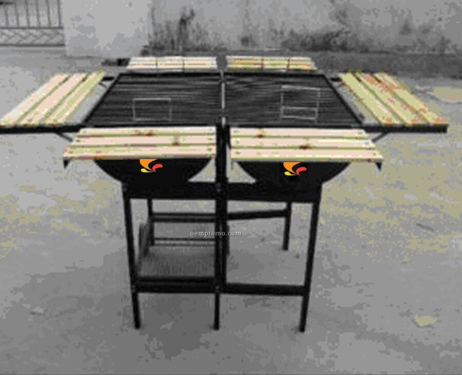 Barbecue Grill - Double Grill W/Six Wood Shelves