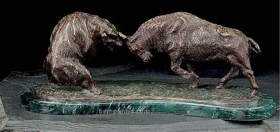 Bronze Charging Bull & Bear Fight Sculpture On Marble Base