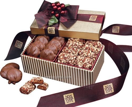 Gold Striped Gift Box W/ English Butter Toffee & Pecan Turtles