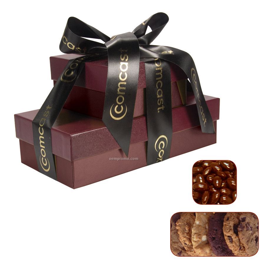 The Cosmopolitan Burgundy Red Gift Tower With Cookies & Almonds
