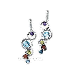 14kw Genuine Multi-color Gemstone And .04 Ct Tw Diamond Circle Earrings