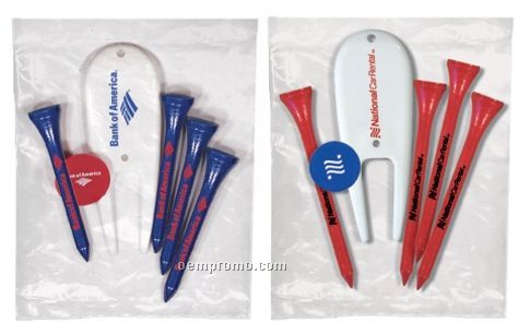 Golf Pack W/ 2 3/4" Golf Tees (4 Tees/Ball Marker/Divot Tool)