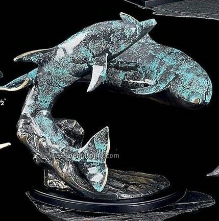 Blue Patina Finished Metal Dolphin Romance Sculpture W/ Wood Base