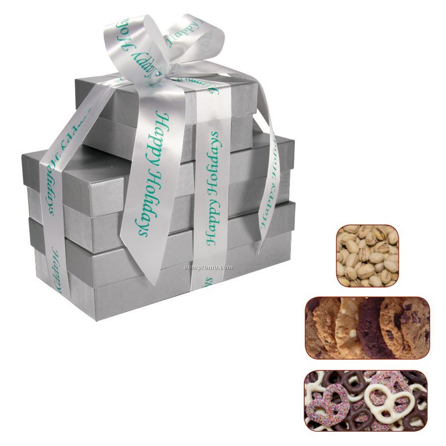 The Four Seasons Silver Gift Tower W/ Pretzels, Cookies & Pistachios