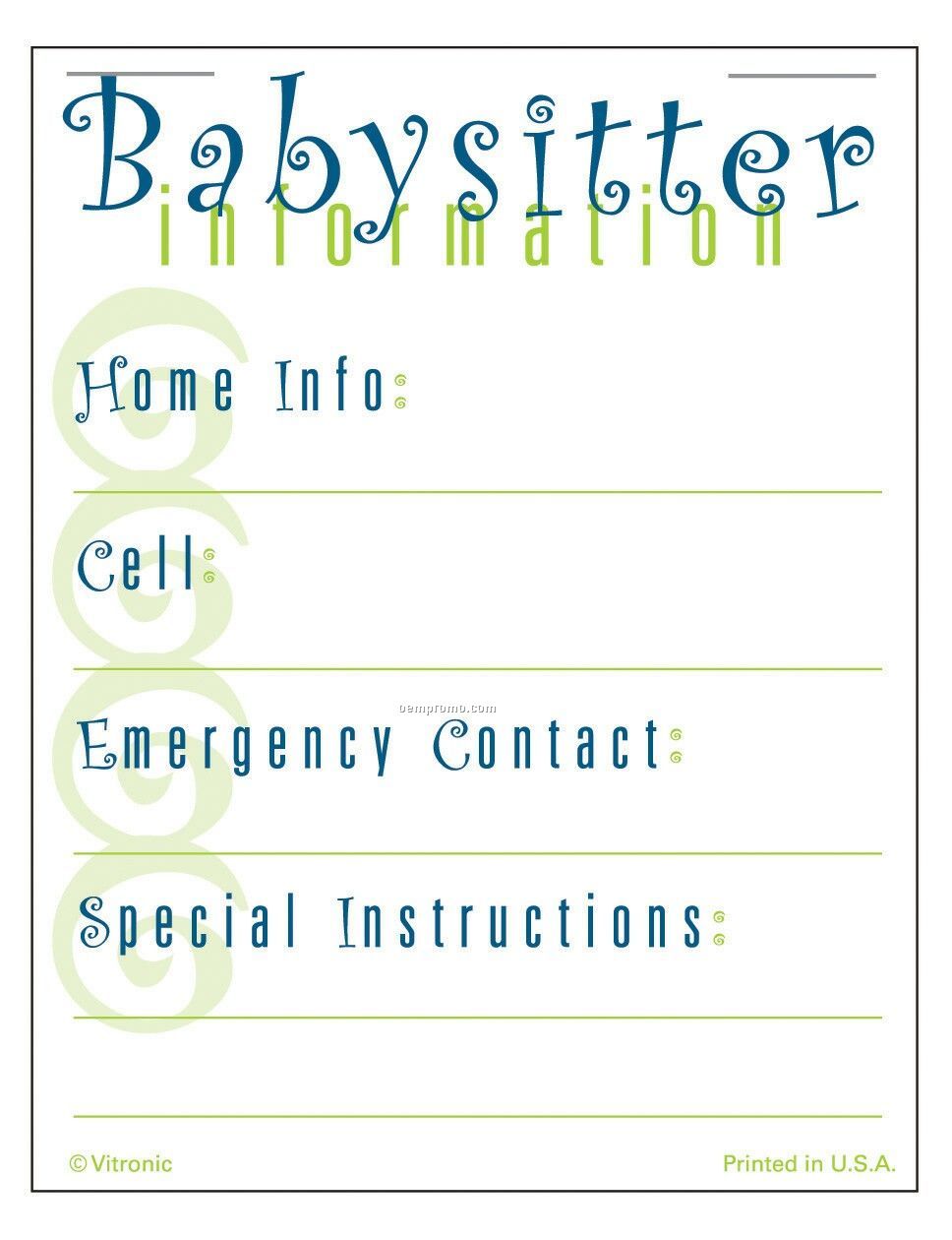 Super Size Babysitter Info List Press-n-stick Calendar Pad (Thru 8/1/11)