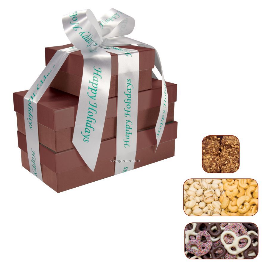 The Four Seasons Burgundy Red Gift Tower W/ Pretzels & Almond Butter Crunch