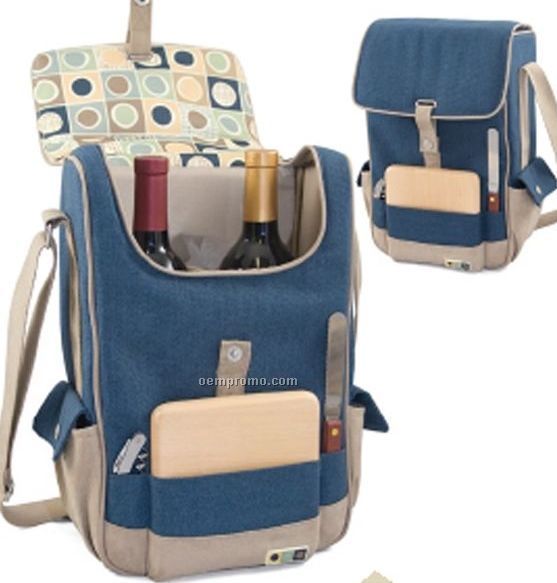 Volare Canvas Wine & Cheese Tote Bag - Blue/Beige (2 Bottle)