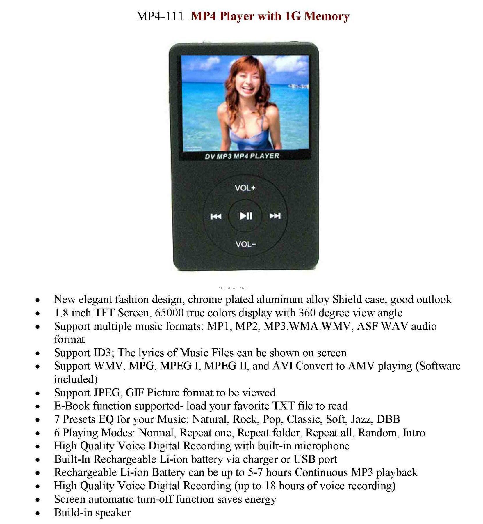 Mp4 Video Music Player With 1g Memory / Voice Recorder