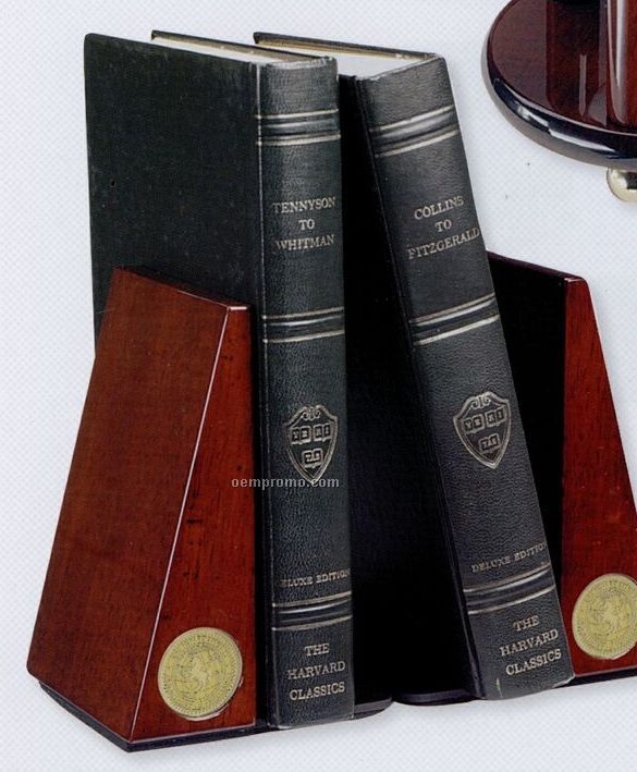 Rosewood Finish Wood Bookends - Gold