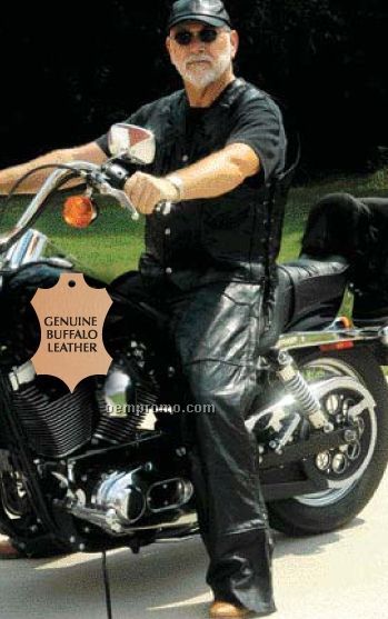 Diamond Plate Rock Design Genuine Buffalo Leather Motorcycle Chaps (L)