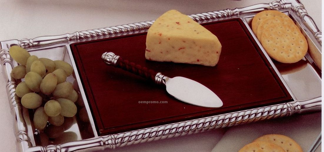 Bannister Collection Cheese Serving Tray W/ Wooden Center & Cheese Spade