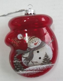Snowman Mitten Red Glass Ornament