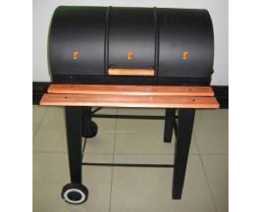 Barrel Style W/Front Wood Shelf And Wood Handle Barbecue Grill