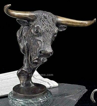 Bronze Metal Bull Head Sculpture On Marble Base