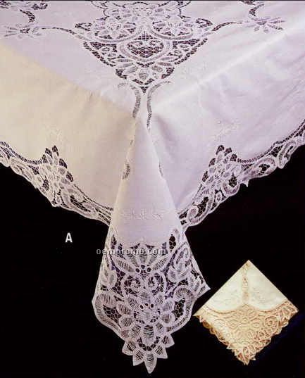 Handmade Cotton 126"X126" Tablecloth & 12 Napkins W/ Battenberg Lace