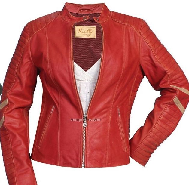 Ladies Red Sanded Calf Leather Racing Jacket S-xx-l