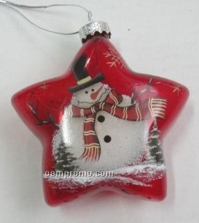 Snowman Star Red Glass Ornament