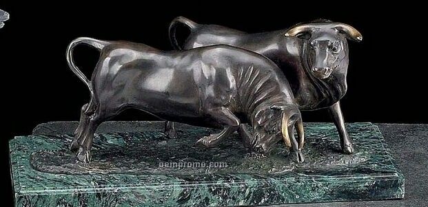 Bronze Metal Double Charging Bull Sculpture On Marble Base