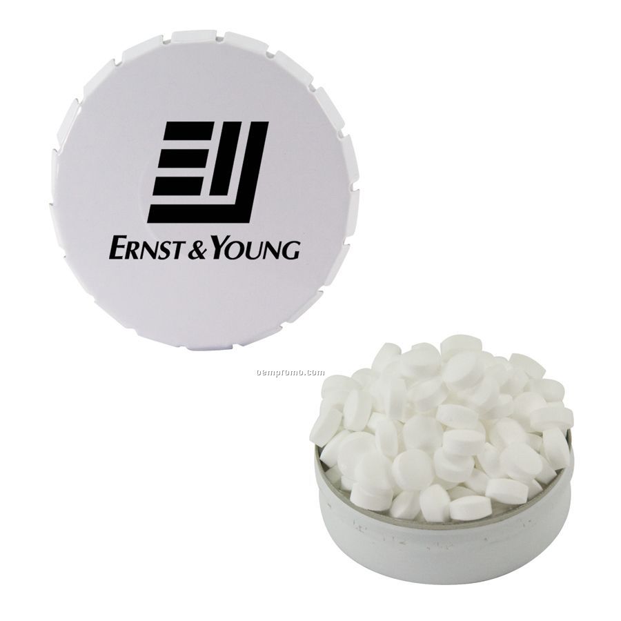 Large White Snap Top Round Tin Filled With Sugar Free Mints