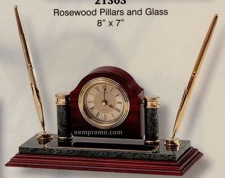 Green Marble & Rosewood Clock W/ Pen Holder