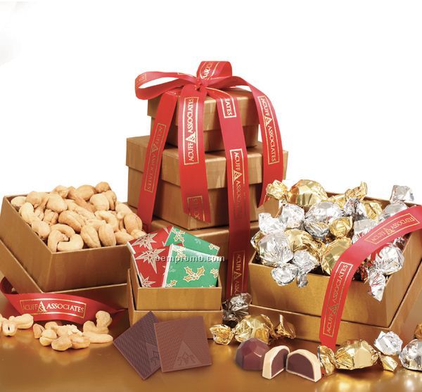 Food Gift Tower W/Nuts, Chocolate, Candy And More!