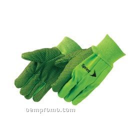 Men's Double Palm Canvas Work Gloves In Fluorescent Green/Black Pvc Dots