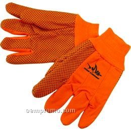 Men's Double Palm Canvas Work Gloves In Fluorescent Orange & Black Pvc Dots