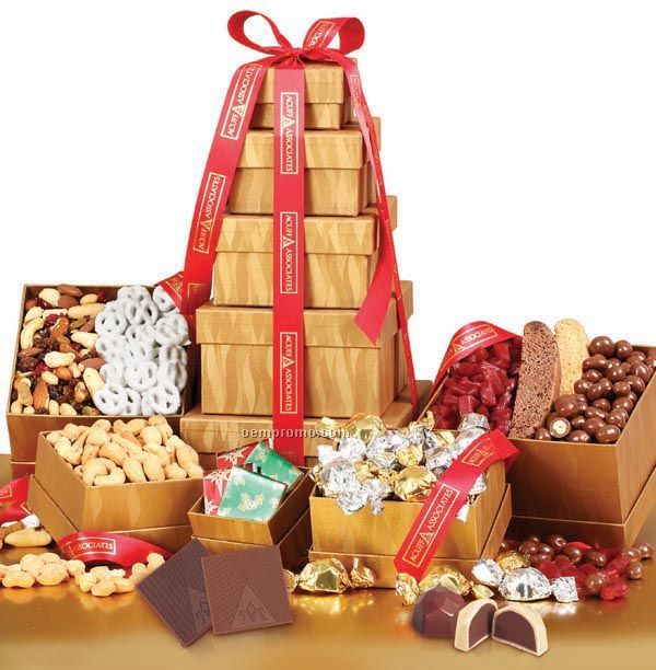 Food Gift Tower W/Nuts, Pretzels, Chocolate, Fruit & More!