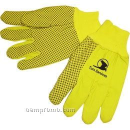 Men's Double Palm Canvas Work Gloves In Fluorescent Yellow & Black Pvc Dots