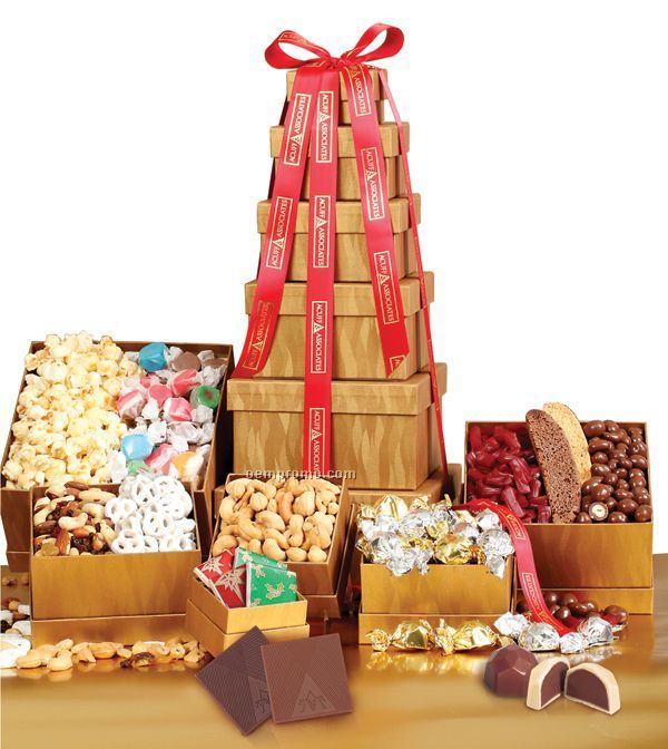 Food Gift Tower W/ Nuts, Chocolate, Pretzels, Popcorn And More!