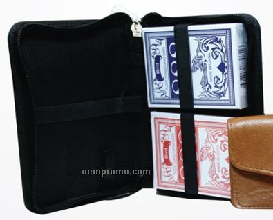 Medium Brown Zippered 2 Deck Playing Card Pouch W/ Cards