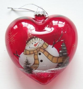 Snowman Heart Red Glass Ornament