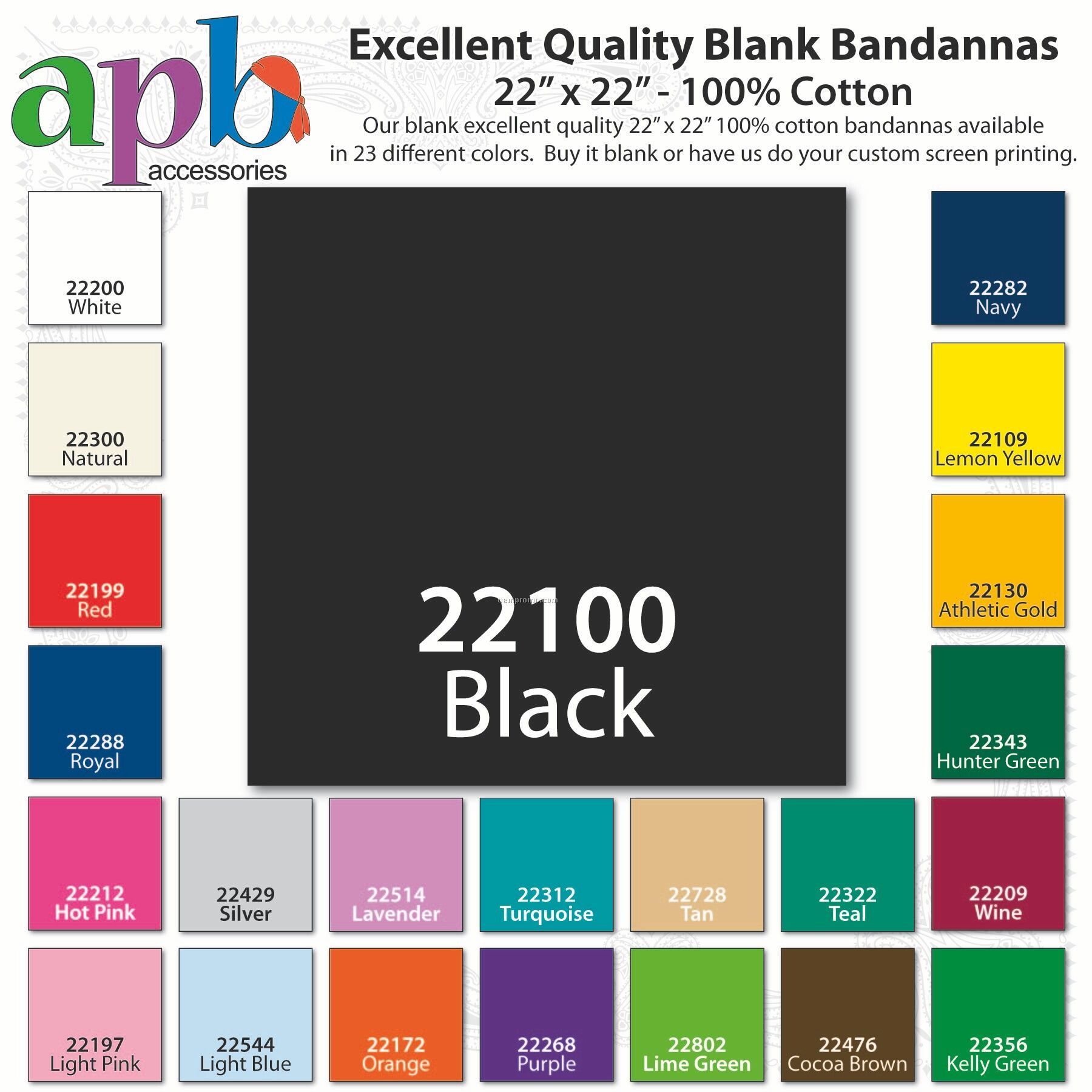 22"X22" Blank Solid Black Imported 100% Cotton Bandanna