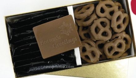 10 Chocolate Cookies & Chocolate Covered Pretzels In Gold Gift Box