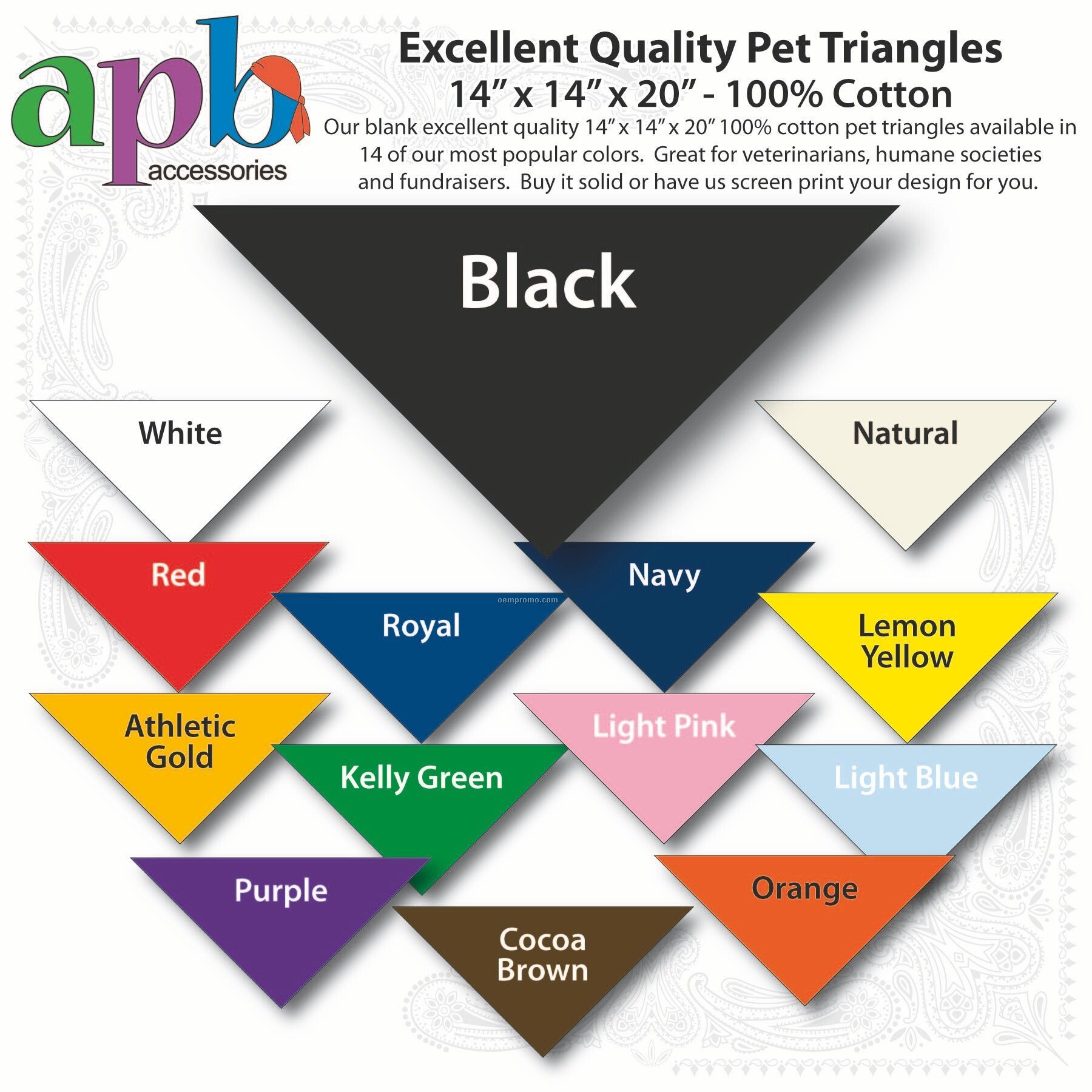 14"X14"X20" Blank Black Solid Imported 100% Cotton Pet Bandanna