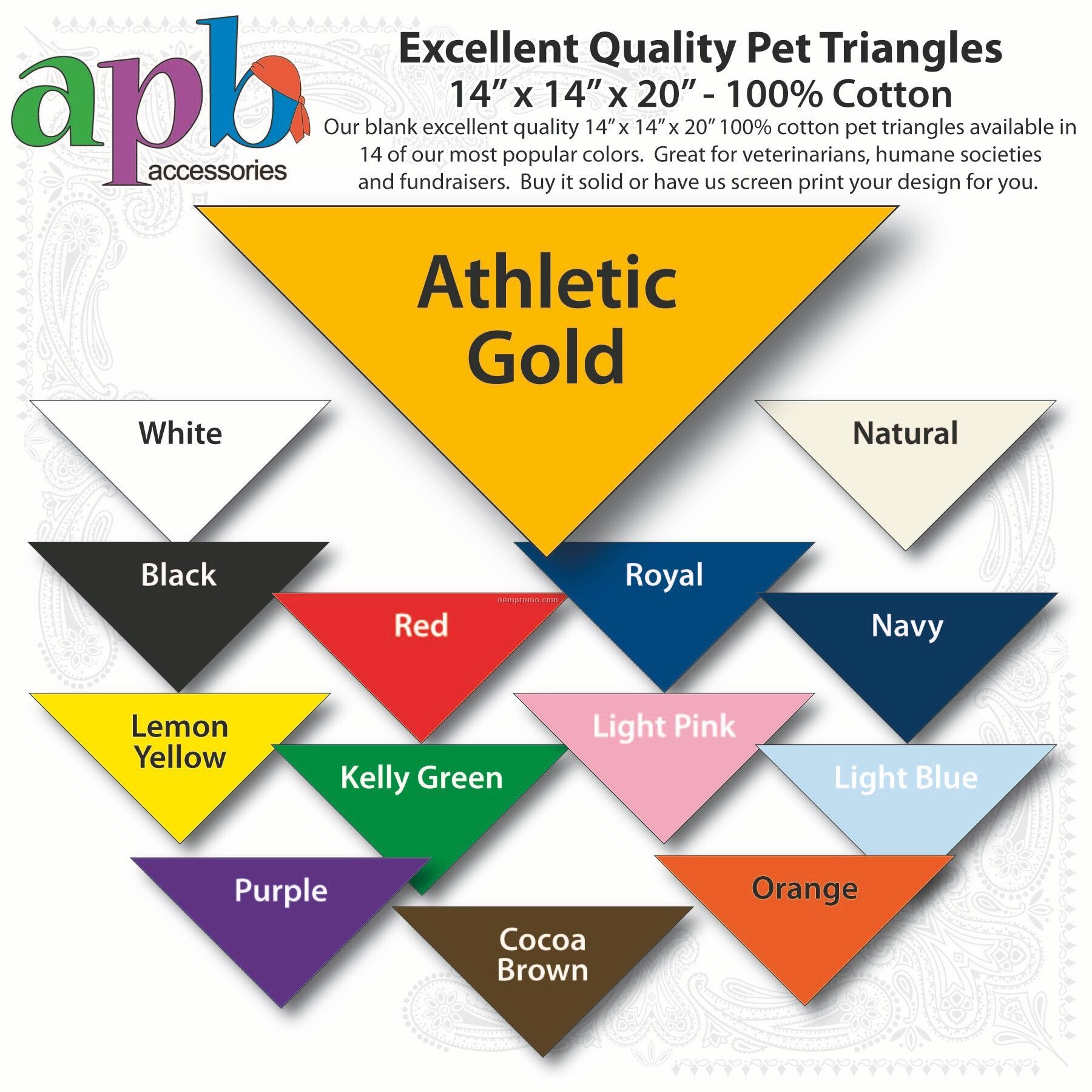14"X14"X20" Blank Athletic Gold Solid Imported 100% Cotton Pet Bandanna