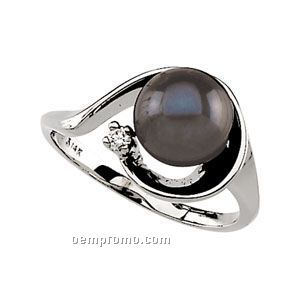 Ladies' 14kw 8mm Black Cultured Pearl & .03 Ct Tw Diamond Round Ring
